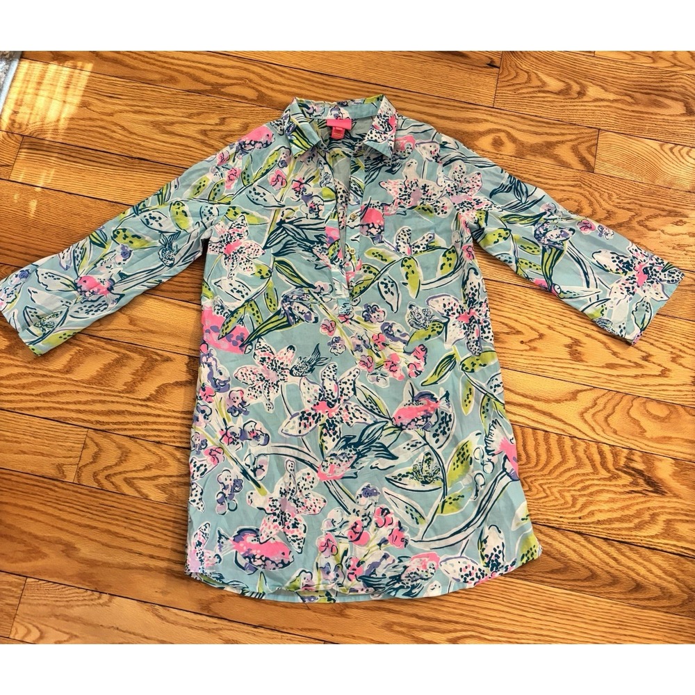 Lilly Pulitzer deep V-neck tunic top floral resort wear lightweight Womens XL